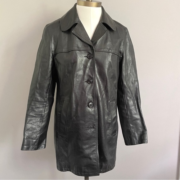 Vintage 90s Y2K Roots Black 100% Leather Straight Cut Mid Length Car Coat - 6/S - Picture 2 of 13